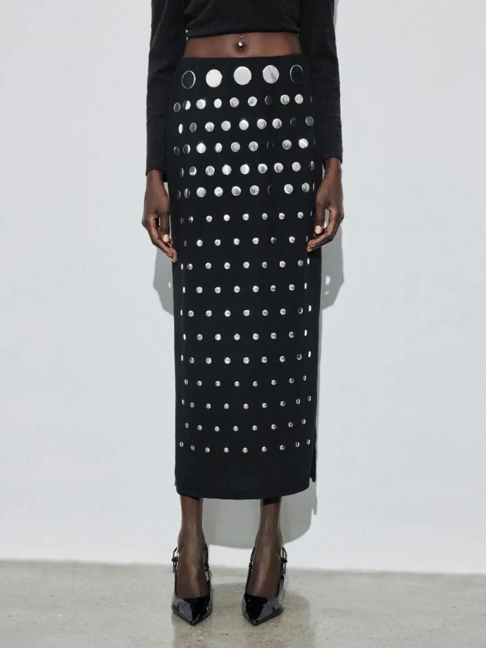 Black Elegant Studded Women's Straight Skirt